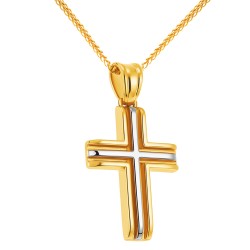 Χρυσός δίχρωμος μασίφ σταυρός Κ14 με αλυσίδα